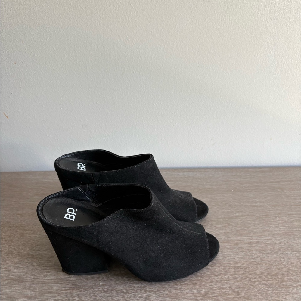 BP Black Suede Peep-Toe Mules